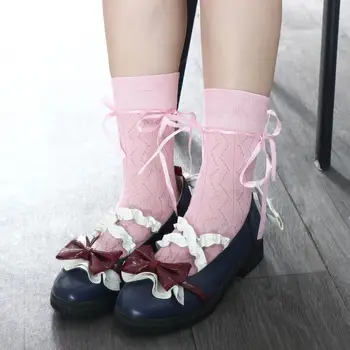 Удобные дышащие длинные бесшовные носки с японским кавайным бантом, Сладкие Чулки, Женские Бандажные Чулки, Хлопчатобумажные носки