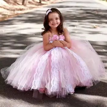 Кружевное платье-пачка с розовыми цветами для маленьких девочек, детское вязаное крючком тюлевое платье, бальное платье с жемчужными розами, детское праздничное костюмированное платье