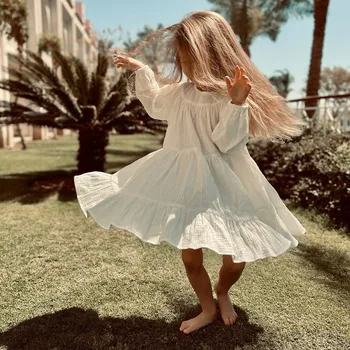 Повседневные осенние платья для маленьких девочек, однотонные двойные газовые лоскутные плиссированные платья большого размера, рубашки с длинными рукавами