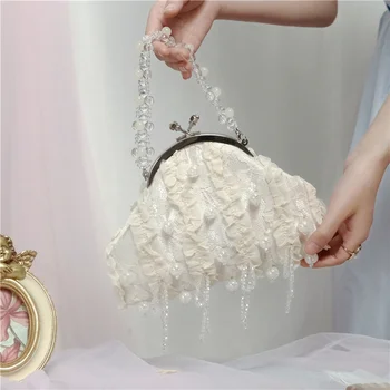 Женская сумка с кисточками из бисера, винтажная кружевная женская сумка с жемчужной цепочкой, женский клатч для свадебной вечеринки, сумочка-клатч, сумки
